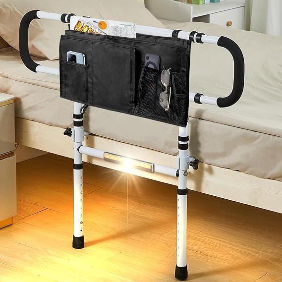 EasyVibe Bed Rails for Elderly Adults with Motion Light & Comfort Flat Tube Base, 180° Folding Bed Guard for Fall Prevention, Sturdy 160kg Support Frame