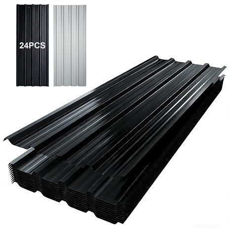 TEOV 24 Pack Metal Corrugated Roofing Sheets 115x45CM | 0.25mm Thick Trapezoidal Roof Plates Waterproof for Carports, Tool Sheds, Greenhouses & Wall Cladding (Black)