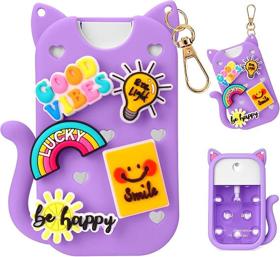 Silicone Case Compatible with Touchland Hand Sanitizer Spray - Protective Case Holder with Keychain & Charms for Touchland Hand Sanitizer Mist Case 1FL. OZ., Accessory for Touch Land (Purple)