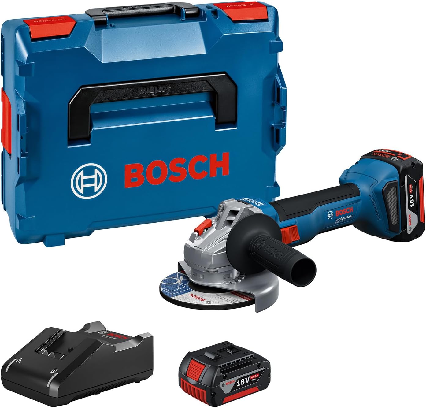 Bosch Professional 18V System Cordless Angle Grinder GWS 18V-8 Disc Diameter 115mm, incl. 2X GBA 4.0Ah Batteries, GAL 18V-40 Charger, L-BOXX