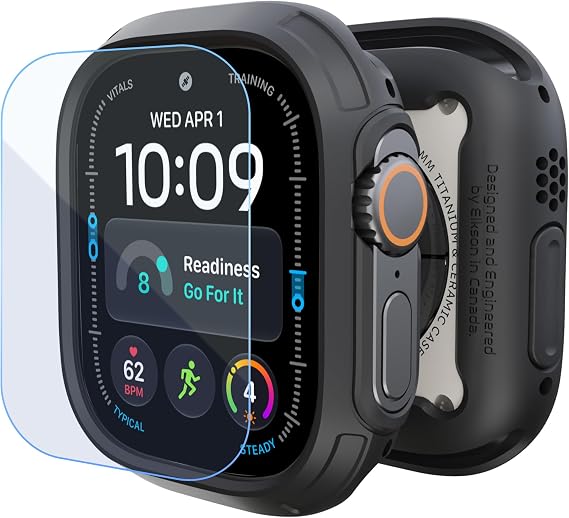 elkson for 49mm Apple Watch Ultra 4/3/2/1 Bumper Case with Screen Protector Tempered Glass, Quattro Max Series Rugged for iWatch, Military Grade Durable Protective Cover Flexible Shockproof Black