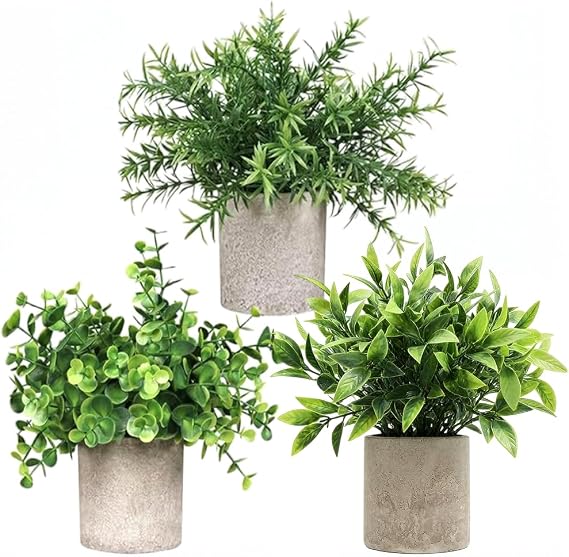 RV MURTS 3 Set Artificial Plants Indoors for Bedroom, Small Plastic Potted Plants, Fake Eucalyptus in Pots, Rosemary, Mini Faux Plant for Office, Desk, Bathroom, Kitchen, Home Sill Decoration Summer.