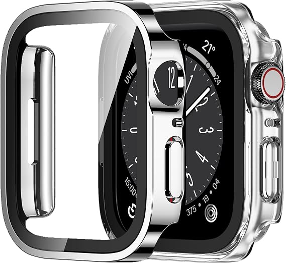 Amizee 2 Pack Case Compatible with Apple Watch Series 9/8 Series 7 45mm Case with Built-in Screen Protector, Ultra-Thin Hard PC Straight Edge Anti-Scratch Protective Cover for iWatch (Silver/Clear)