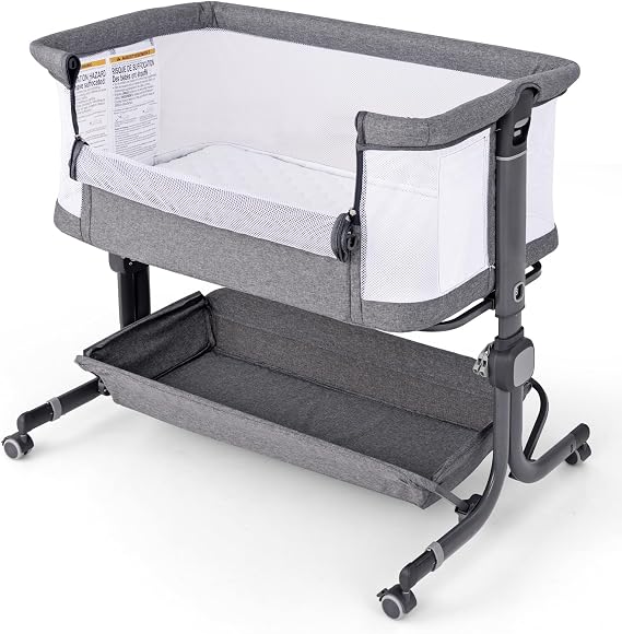 COSTWAY Baby Bedside Crib, 6-Level Heights Adjustable Bassinet with Mattress, Storage Shelf, Lockable Wheels, Carry Bag, Newborn Bedside Sleeper for Birth to 9kg (Dark Grey)