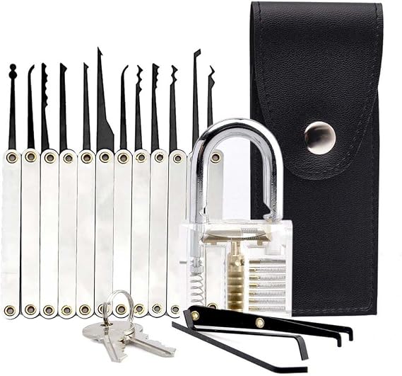 Transparent Cutaway Visible Practice Lock for Beginner Training with 15pcs Steel Locksmith Pick Set Tools
