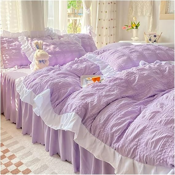 Bed Sheets Set, Bedding Sets Ruffle Lace Bed Skirt Women's Solid Color Queen Size Double Duvet Cover Set(C,150 * 200cm)