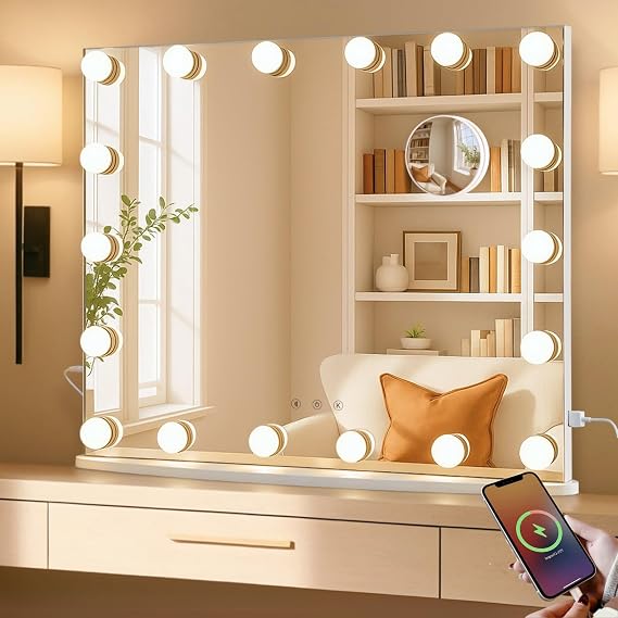 LUXFURNI Hollywood Changing Mirror 26 x 21 Inch Lighted 18 LED Lighted 3 Color Illuminated Makeup Mirror, Table and Wall Mount, Magnifier