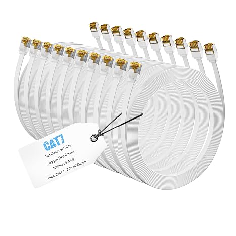 Pack of 10 0.5 m Cat7 Flat Thin Ethernet Cable White Short 30 cm 10 Gbps 600 MHz FTP POE Enabled LAN Cable with RJ45 Connector for Router Switch Modem & POE Cameras