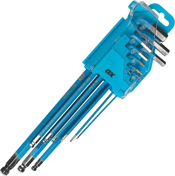 OX Pro Long Arm Hex Allen Key Set 9pc Metric S2 Steel Ball End OX-P322609