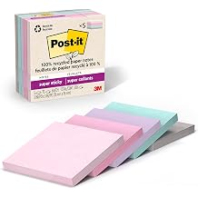 Post-it%100 Geri Dönüşümlü Kağıt Süper Yapışkan Notlar, 2X Yapıştırma Gücü, 3x3 inç, 5 Ped, 70 Yaprak/Ped, Wanderlust Pastel Koleksiyonu (654R-5SSNRP)