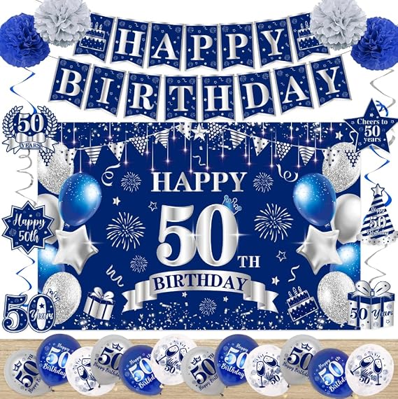 50th Birthday Decorations Men, Blue Happy 50th Birthday Banner Backdrop Party Supplies with 18PCs Balloons, Swirls, Paper Pompoms (BS-50TH)