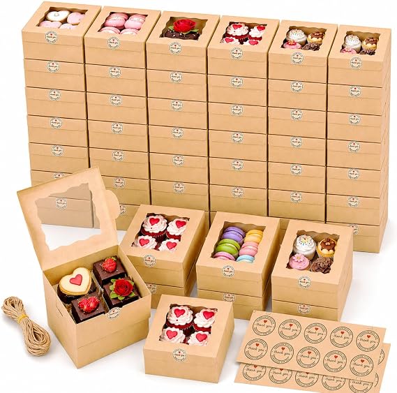 50Pcs Small Cake Boxes with Clear Window 15 x 15 x 7.6 cm Brown