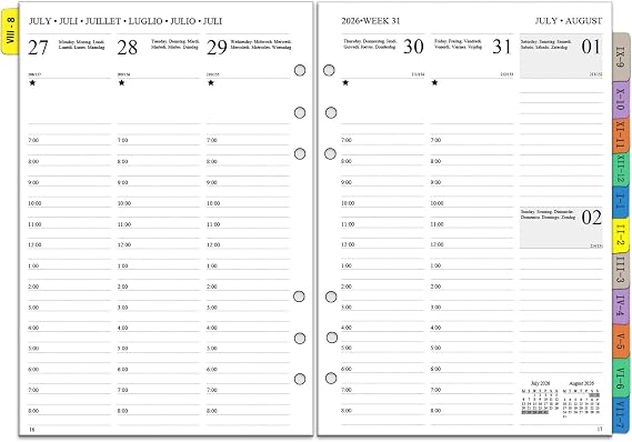 Appointment Diary Refill 2026 2027 A5 Size, Aug-Jul, Vertical Layout Time Slots 7:00-20:00, Monthly Weekly Planner Inserts with Tabs, Note, Contact, fit A5 6-ring Binder/Organizer(Multilingual)