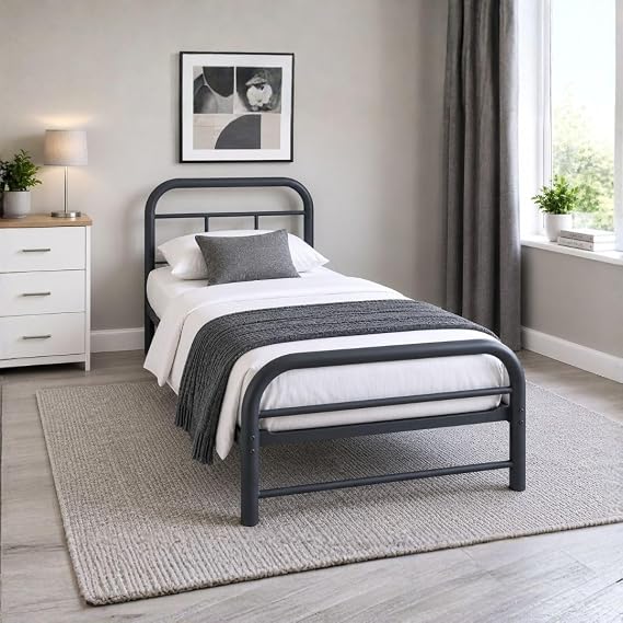 Reinforced Beds Cromer Single Metal Bed Frame 90 x 190 cm | Heavy Duty Steel Bed with Thick Mesh Base | Strong Tubular Metal Structure | Durable Support for Adults | Easy Assembly | Grey