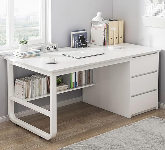 Corner Desk with 3 Drawers, Home Office Desks with Bookshelf, Modern Desk for Home Office/Bedroom, Space Saving Design White,120cm