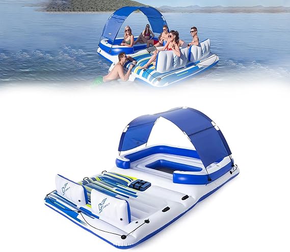 Floating Island Pool Lake Raft Lounge, Large Inflatable Floating Island, Hydro-Force Tropical Breeze 6 Person Inflatable Party Island Water Float Lounger, with 6 Cup Holders, Backrests, and Detachable