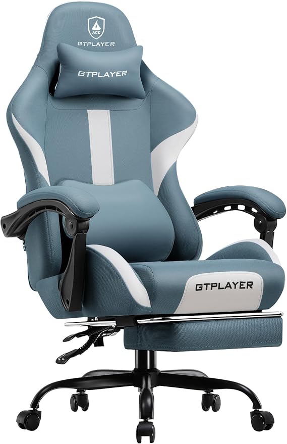 GTPLAYER Fabric Gaming Chair, Ergonomic Computer Chair with Footrest Lumbar Support Heavy Duty High Back Adjustable Height Svivel Office Desk Chairs (Blue)