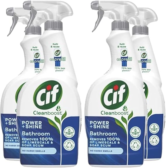 Cif Cleanboost Power & Shine Bathroom Spray 100% soap scum & limescale removal for cleaning ceramic, chrome, enamel, plastic, and stainless-steel surfaces 700 ml Bulk Buy (4)
