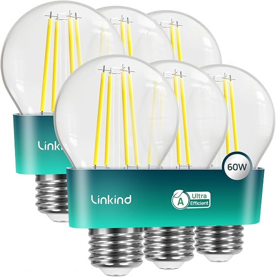 Linkind E27 LED Bulb, Energy Class A 3.8W=60W Equivalent, 2700K Warm White 806lm, Edison Screw in Light Bulb, Clear Glass Vintage Filament LED Bulb, 50000H Lifespan, 6 Pack [Energy Class A]