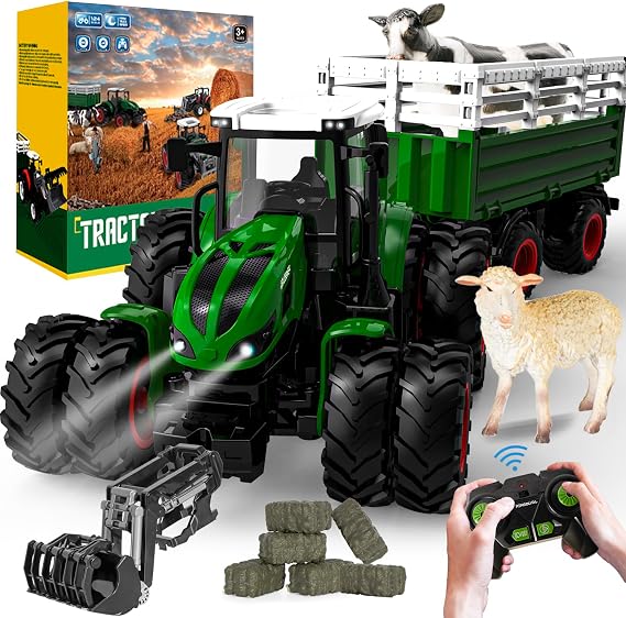 PENGBU RC Remote-controlled tractor with trailer, toy tractor