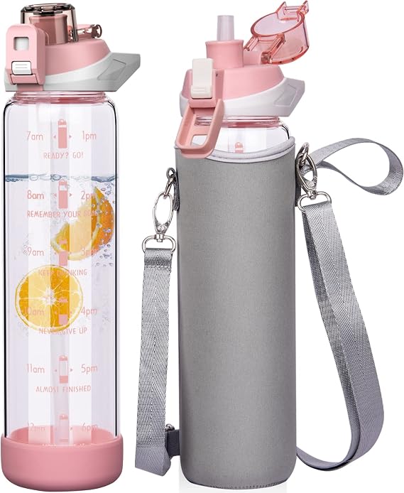 1l Large Glass Water Bottle with Straw & Time Markings 1 litre Big Motivational Glass Drinking Bottle BPA free Leakproof
