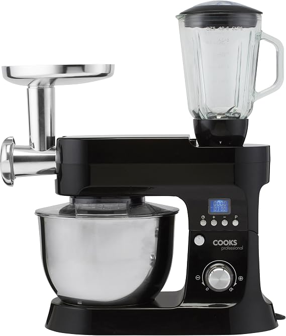 Cooks Professional Stand Mixer & Mincer 1200W | Electric Food Mixer with Pulse Setting | 6.2 Litre Stainless Steel Bowl | Blending Jug, Dough Hook, Whisk, Beater & Splash Guard | Black