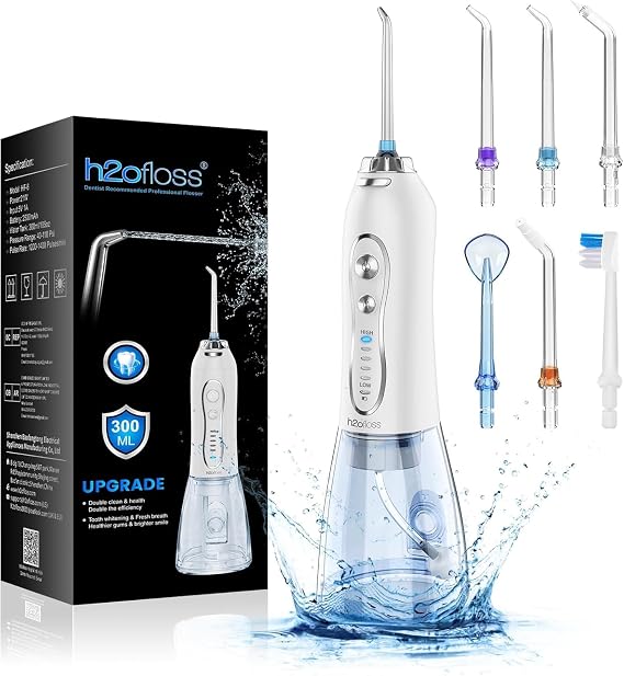 H2ofloss Şarjlı Kablosuz Ağız Duşu, Hızlı ve Etkili Diş Arası Temizliği – 300 ml Su Hazneli, 5 Modlu, 6 Başlıklı, IPX7 Su Geçirmez, Diş Taşı Temizliği (Beyaz)