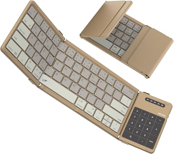 Nillkin Cube Pocket Foldable Bluetooth Keyboard with Built-in Touchpad & Number Pad - Ultra Portable Wireless Keyboard for iPad, Surface Tablet, Smartphone, Laptop PC- (Khaki)