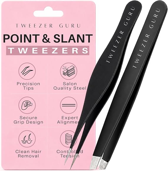 Tweezers for Eyebrows - Stainless Steel Slanted And Pointed Eyebrow Tweezer Set - Precision Removal of Facial Hair, Ingrown Hair and Splinter - Professional Blackhead & Tick Remover for Men & Women