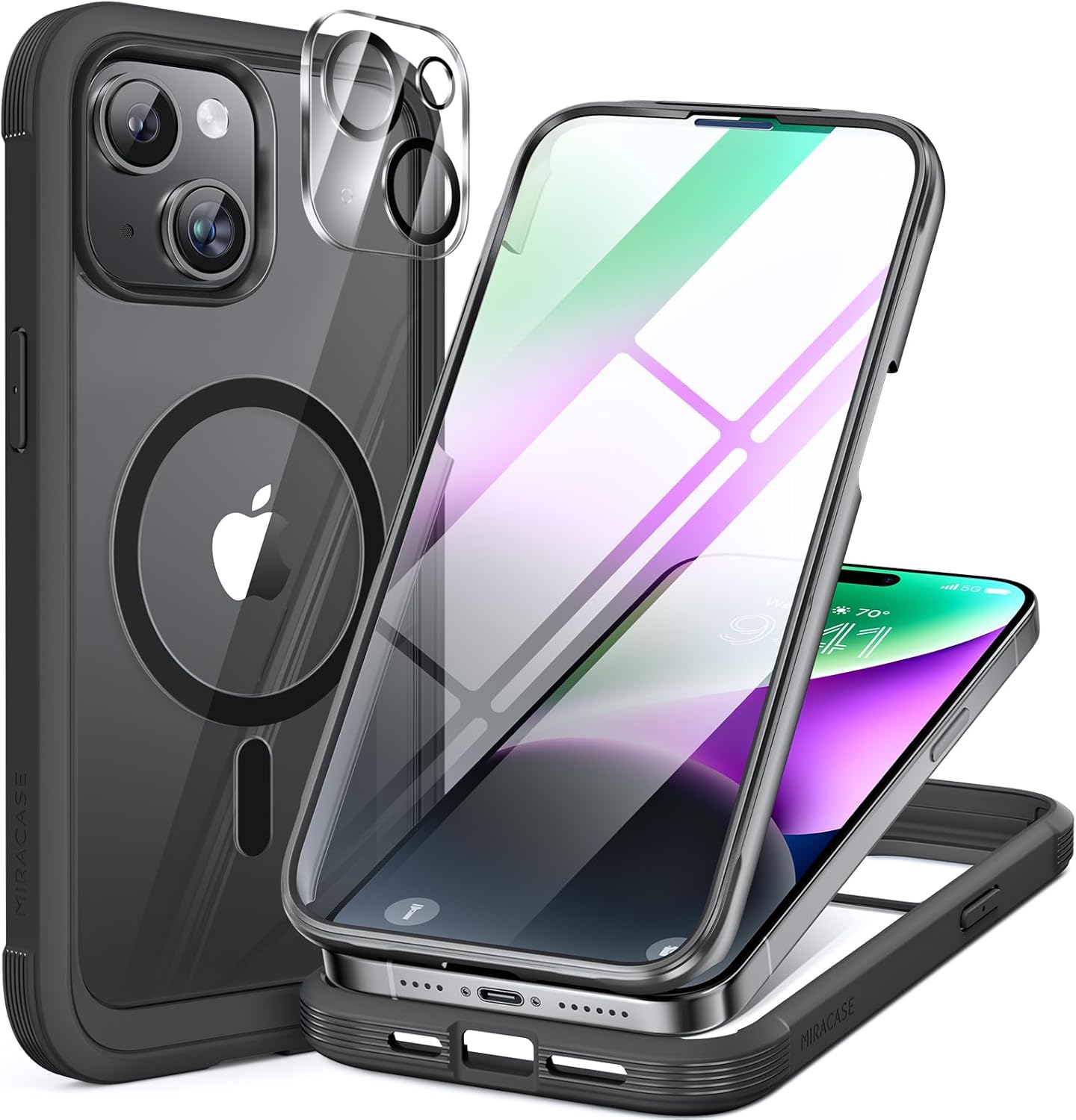 Miracase Magnetic Case for iPhone 15 Case 6.1-Inch, Full Body Bumper Clear Back Cover Compatible with MagSafe and Built-in 9H Tempered Glass Screen Protector  Camera Lens Protector Black