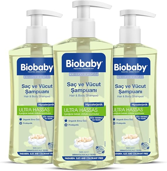 Biobaby Ultra Hassas Bebek Şampuanı – Saç ve Vücut İçin, Organik Elma Özlü-3’lü Set (500 ml x 3)