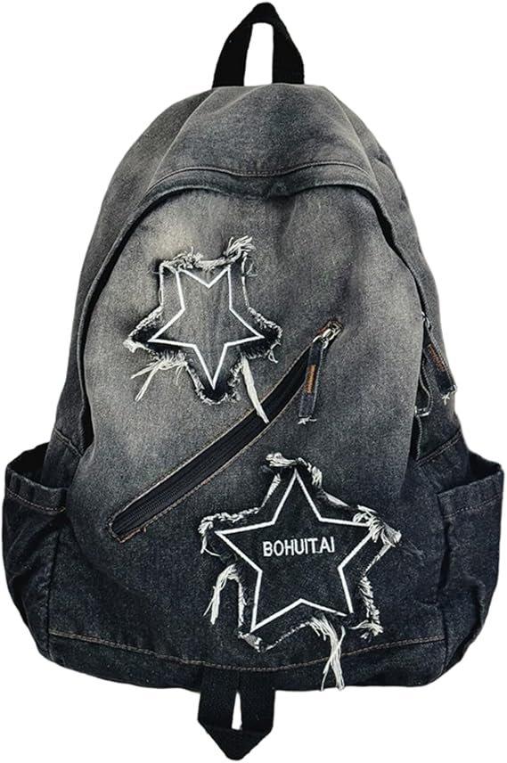 Y2K Backpack Lightweight Travel Denim Backpack with Multi-Pocket Retro Jean Large Star Bag for Students Teens Adults