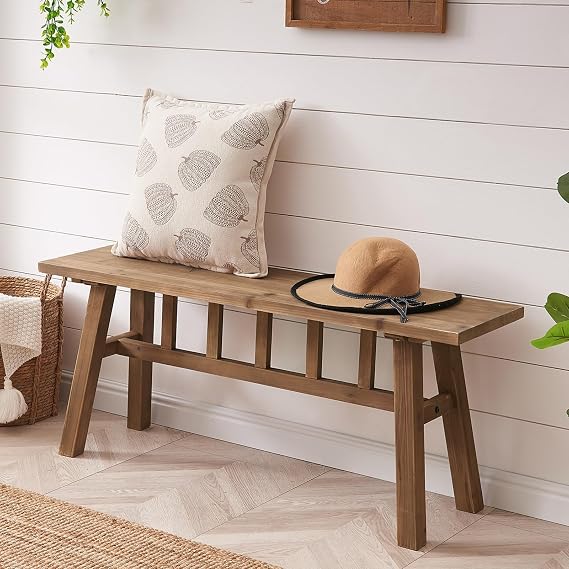 Wnutrees 43" Solid Wood Bench, Farmhouse Rustic Entryway Bench Seat for Dining Room, Hallway, End of Bed, Handcrafted Finish, Natural