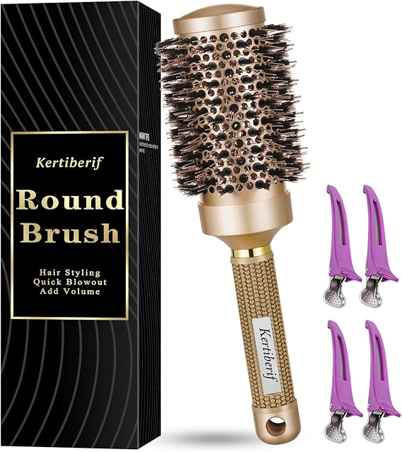 Round Brush for Blow Drying, Boar Bristles Round Hair Brush for Blow Out, Styling, Curling, Adding Volume, with 4 Hair Clips (Gold, 83mm, Barrel 53mm)