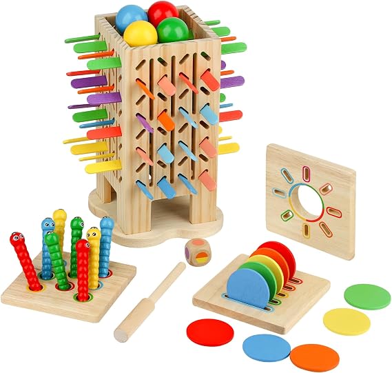 Montessori Toys Wooden Board Game, Kids Educational Fine Motor Skills Toy with 42 Colourful Sticks and Dice, Family Fun Outdoor Travel Games for Boys and Girls 3-6 Years Old Birthday Gift (Colorful)