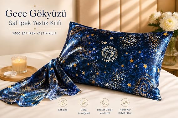 Saf Dut İpeği Yastık Kılıfı 19 Momme Tekli (Gece Gökyüzü)