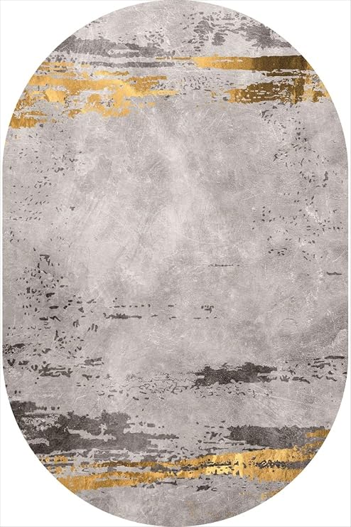 Oval Carpet Indoor Bedroom Rug Soft Oval Non-slip Area Rugs Soft Non-slip Large Home Decorator Floor Carpet Simple Gray Gold Geometric, 150 x 200 cm