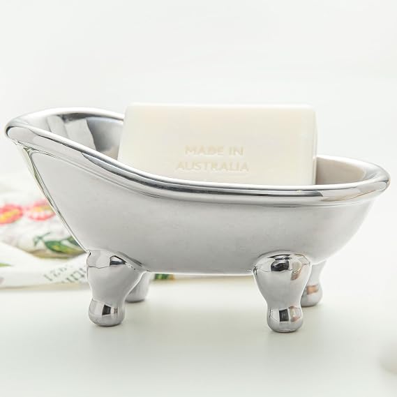 Lynagert 5.6" Ceramic Mini Bathtub Soap Dish Decortative Clawfoot Bathroom Soap Dish (Silver)