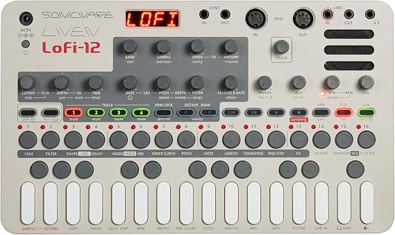 Sonicware LIVEN Lofi-12 [Lo-fi Groovebox & Sampler] Retro Sampling with 12bit Sampler Mode 4-Track Step Sequencer 10 Voices 12 Track Effects + 9 Master Effect