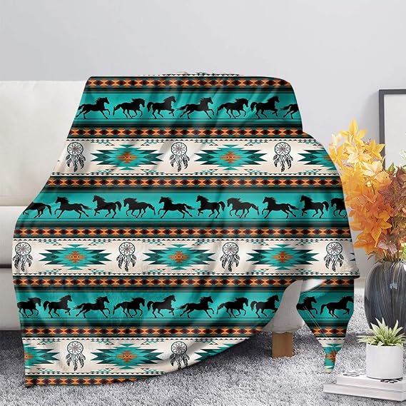 Binienty Soft Durable Bedding Blanket for Kids Adults, Navajo Style Aztec Horse Dream Catcher Pattern Fleece Blankets, Turquoise Color