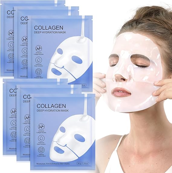 Collagen Face Masks 6pcs, Bio Collagen Face Mask, Moisturize, Firm & Enhance Skin Vitality, Deep Hydration Mask for Pore Minimizing and Elasticity Improvement