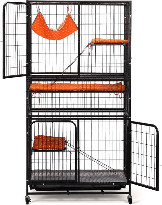 Cat Cage, Small Animal Cage with Wheels, Cat House Enclosure 83 x 60 x160 cm for Indoor Outdoor, Metal Catio with Hammock, Platforms, Removable Tray, Cushion for Rabbit, Ferret