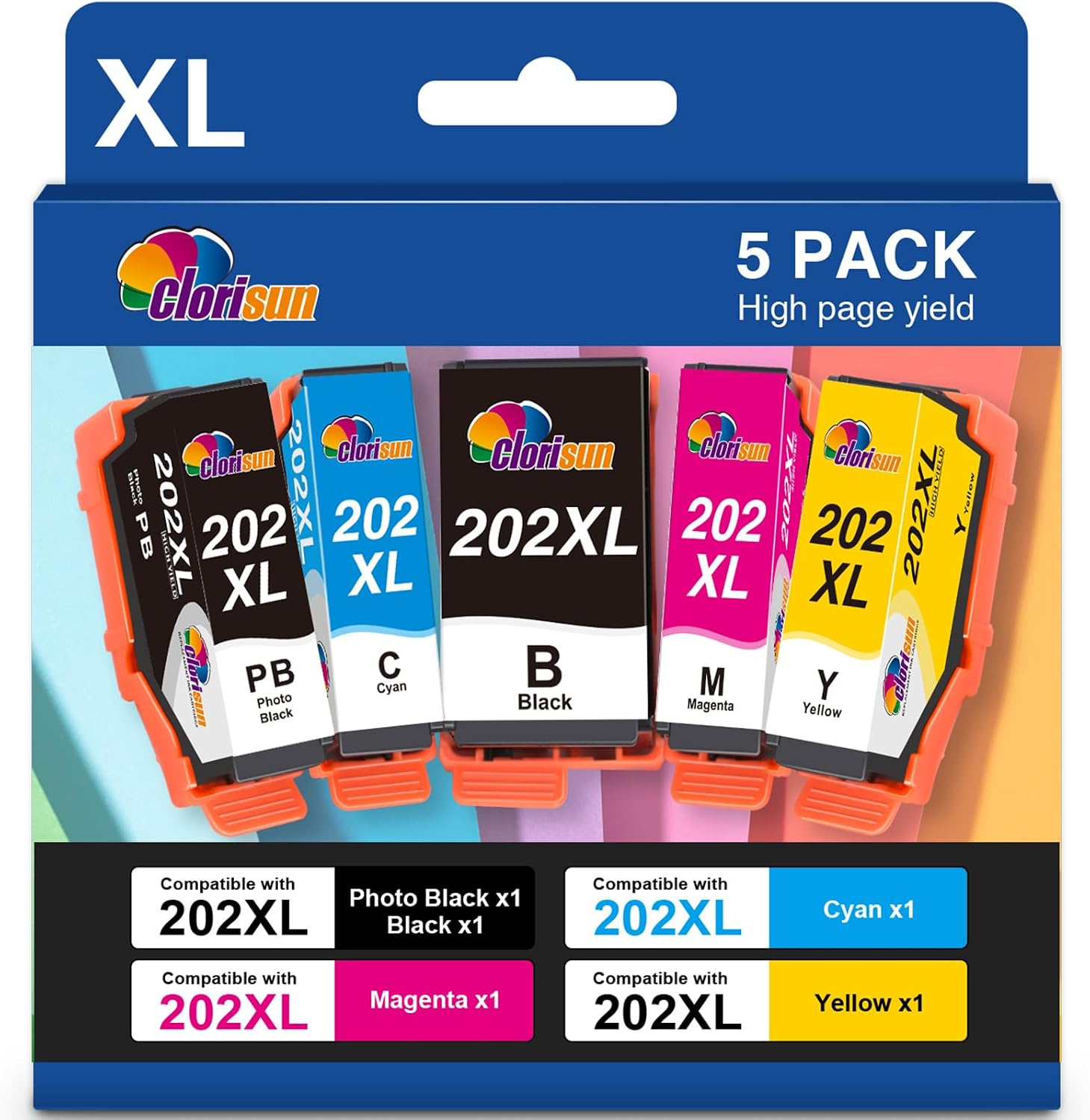 Clorisun 202XL Ink Cartridges for Epson 202XL 202 XL Ink Cartridges Multipack for Epson Expression premium XP-6100 XP-6105 XP-6005 XP-6000 XP-6001 XP6105 XP6100 XP6005 XP6000 XP6001 Printer5 Pack
