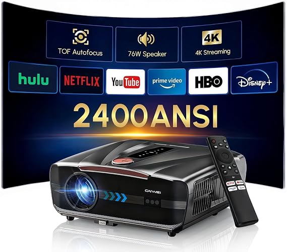 Daylight Projector 2400 ANSI Ultra HD 4K HDR10 Daytime Smart Projector with Wi-Fi 6 Bluetooth 5.4,TOF Autofocus,HDMI eARC/CEC,2*38W DB Audio,2026 Upgraded Auto Lens Cap for Home Cinema Gaming Ceiling