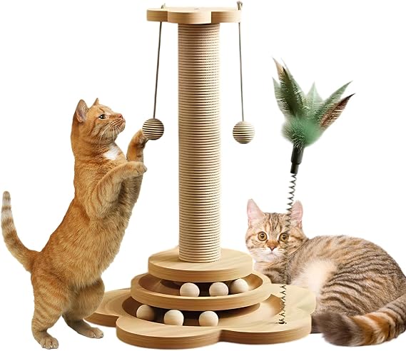 Cat Scratching Post with 6 Wood Balls & Interactive Toys - Sturdy 46cm Tall Scratching Post for Indoor Cats, Multi-Level Play Tower, Easy Assembly Space-Saving Cat Tree