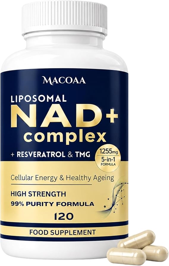 NAD+ Supplements 1255mg, NAD Plus Liposomal Premium Capsules with Nicotinamide Riboside, Trans-Resveratrol & TMG, High Strength for Cellular Energy, Metabolism & Healthy Ageing, 120 Capsules