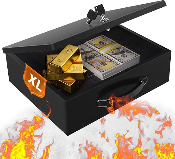 Fireproof Document Box, Large Document Safe Box with Key Lock and Handle, Portable Fire Proof Documents Storage Box for Personal Items, Passport, Cash, Tablet, Exterior, 33.5x28x10.5cm (Black-1)