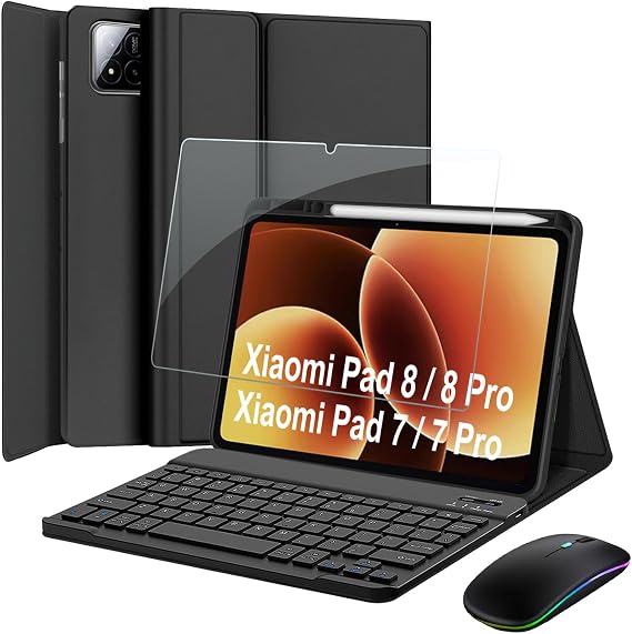 Keyboard Case for Xiaomi Pad 7/ Pad 8/ Pad 7 Pro/Pad 8 Pro 11.2 Inch with Pen Holder, LED Bluetooth 2.4G Mouse, 9H Screen Protector Tempered Glass, Magnetically Detachable Wireless Keyboard