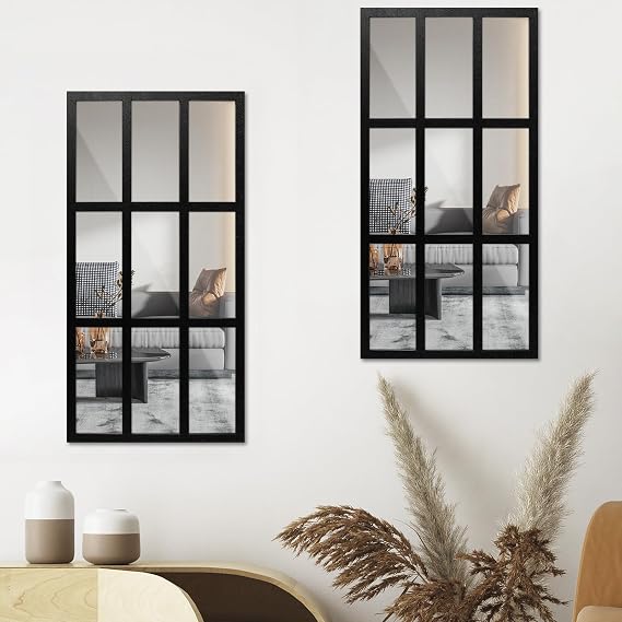 2PCS Window Wall Mirror, 44CM/17 inch Wood Arched Square Shape Rectangle Windowpane Mirror Wood Framed Mirror Wall Decor For Bathroom And Hallway Decoration(Black Rectangle)