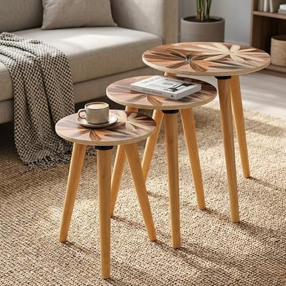 3’lü Zigon Sehpa Seti Ahşap Ayaklı Modern Desenli Yuvarlak, Şık Dekoratif Salon Sehpası Kahverengi Çiçek Desenli